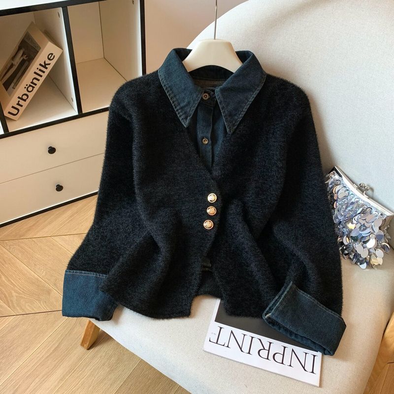 

Korean-Style Denim Patchwork Faux Two-Piece Knitted Cardigan for Women, 2025 Winter New Fashion Stylish Soft Sweater Coat Image color S