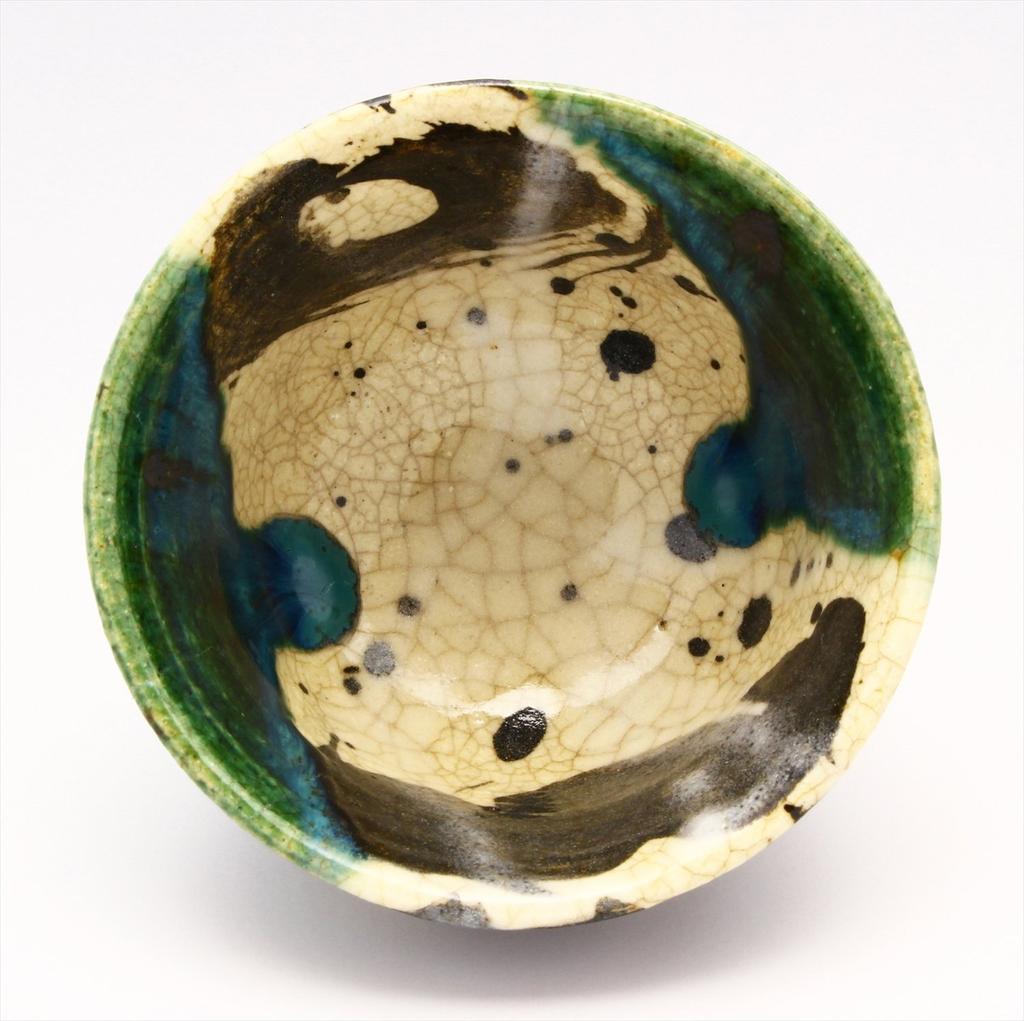 Seto Ware Tea Old Oribe Approximately 9cm Diameter X Capacity Approximately Made In Product Number "Sanji Gosan" High-footed Bowl, Senchawan, Pattern,