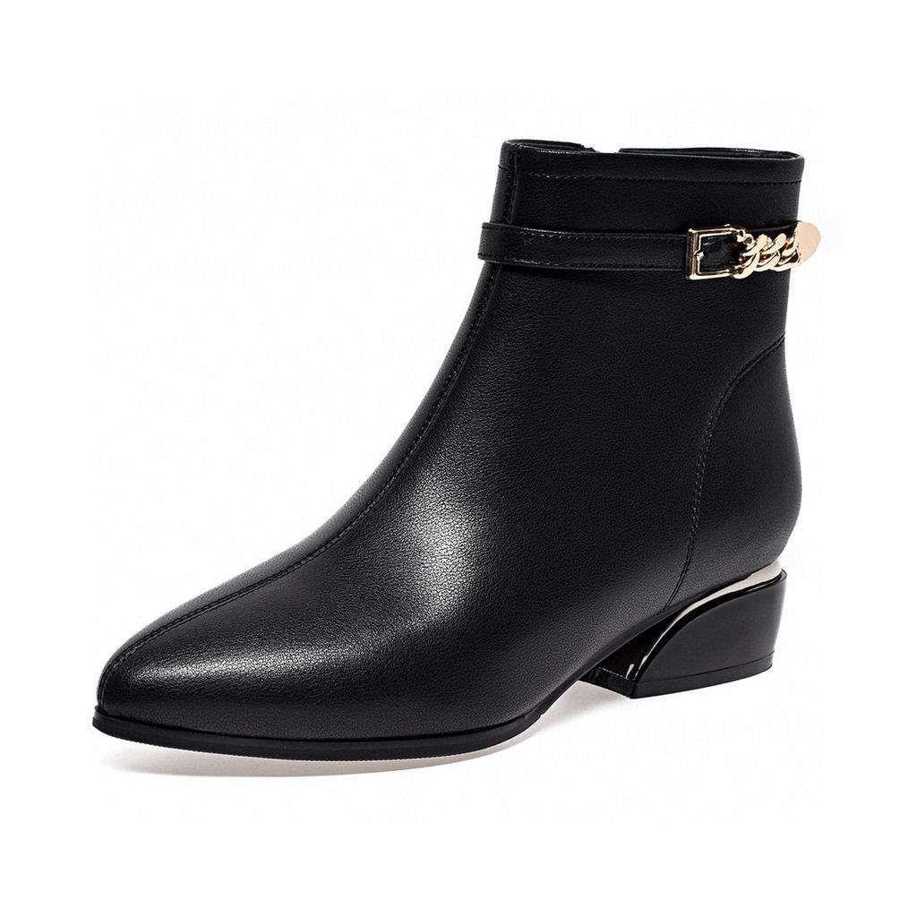 Pointed short boots women's autumn and winter metal buckle low-heeled cotton boots simple temperament fashion boots women's flat boots