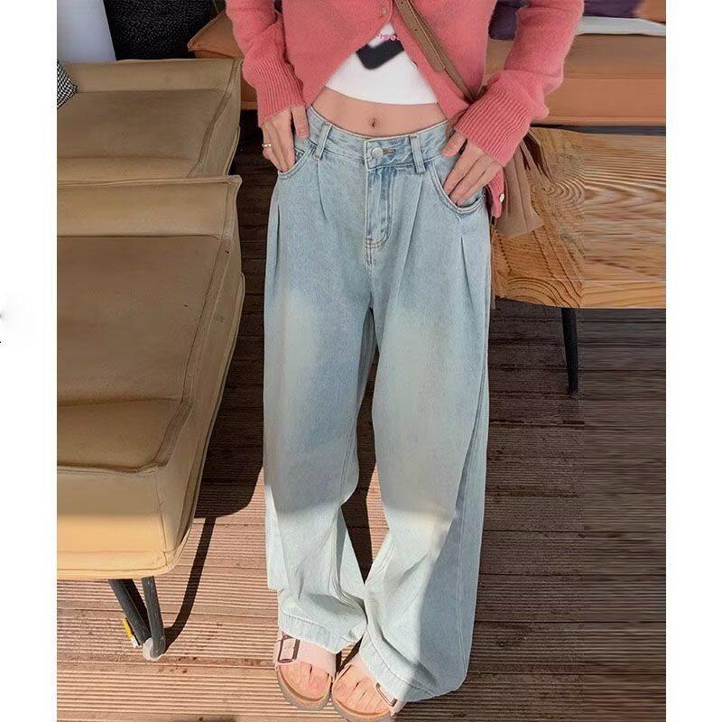 

Женские ретро синие джинсы широкие от бедра - Коллекция Весна 2025: Универсальный, Свободный, Длинный до пола и Стройнящий дизайн M светло-синий