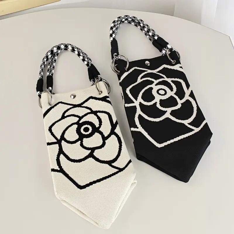 Fashion Flowers Knit Handbag Women Shoulder Bag Color Contrast Portable Ladies Beach Handbag Shopping Tote
