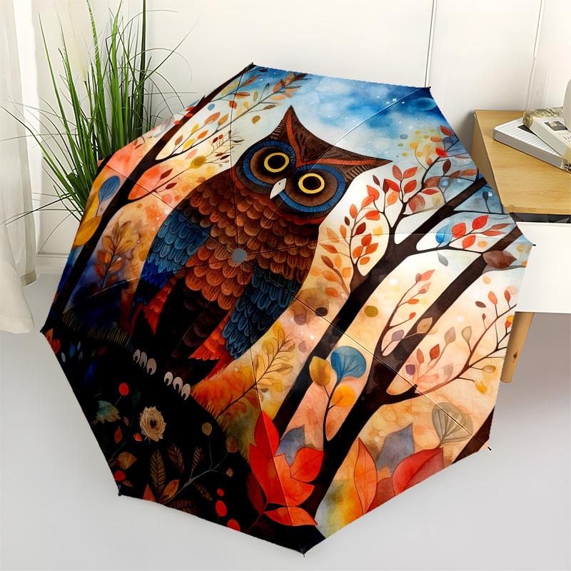 1pc Owl Forest Automatic Folding Umbrella, Heavy Duty 8 Rib Iron Frame,  Suitable for Travel, Daily Use, Birthday, Decor Gift  09