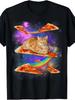 Herren Fun Weltraumkatze reitet Pizza Grafik T-Shirt Schwarzes Galaxie Shirt mit orange getigertem Kater