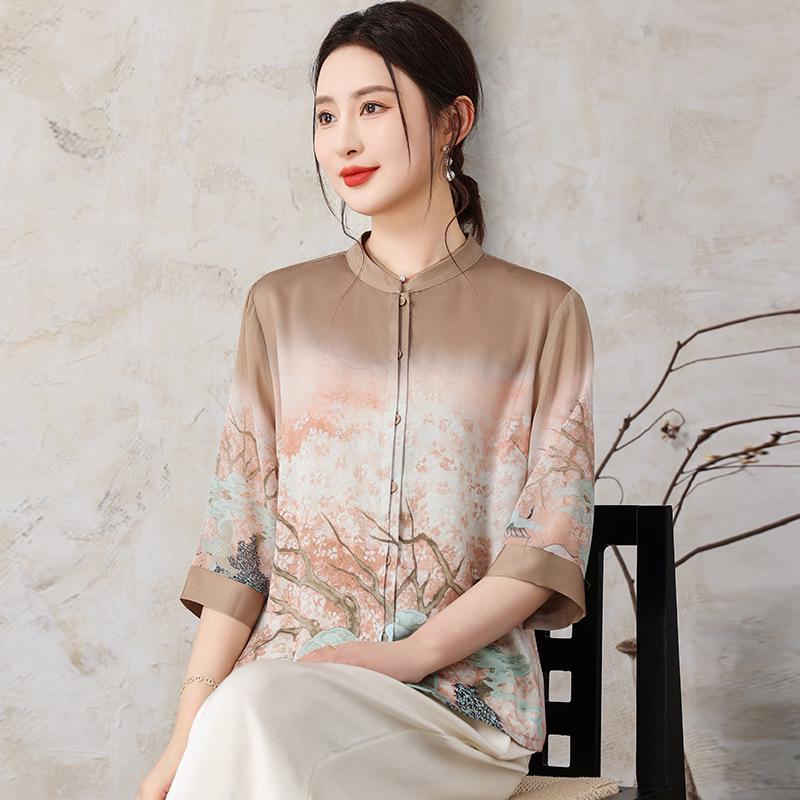 Elegant Faux Silk Short-Sleeve Top for Stylish Moms - Spring 2026 2XL (Recommended 105-120 Jin)