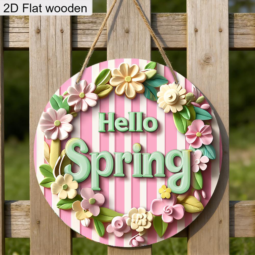 2D Flat, 1pc Hello Spring Wreath Wooden Sign Welcome Sign for House Patio Entry Door and Hallway Decoration Party Home Wall Art Decoration Spring