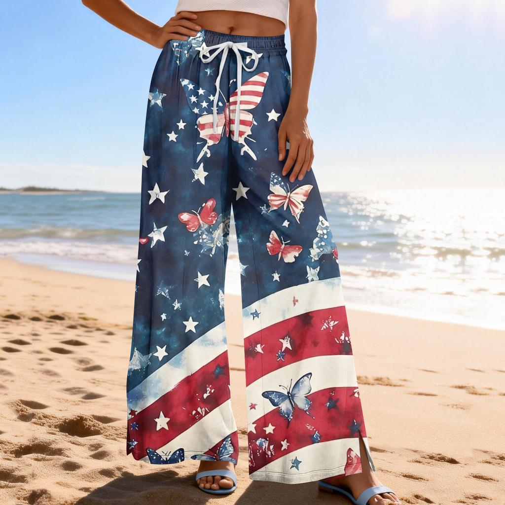 Dámské letní boho palazzo kalhoty s vysokým pasem a širokými nohavicemi, tisk, ležérní kalhoty s kapsami
