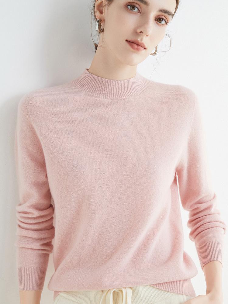 Women's Slim-Fit Autumn Sweater: Fashionable Half-High Neck, Versatile Pure Wool for Base Layer or Outerwear, Skin-Friendly