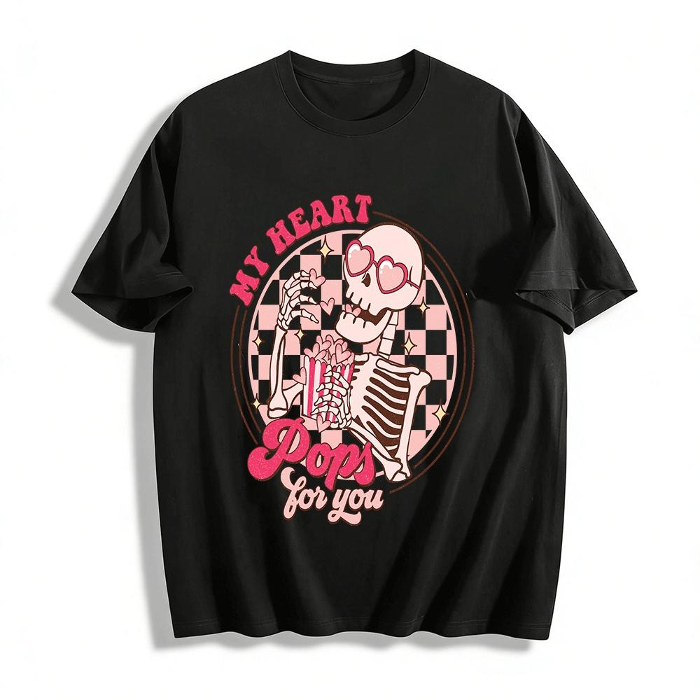 

My Heart Pops For You Retro Skeleton Graphic Casual Tee Pure cotton T-shirt XXS