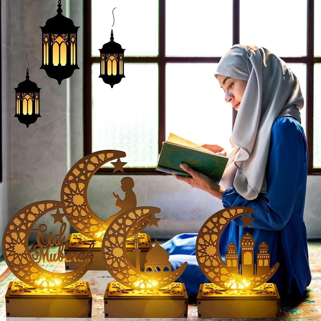 Ramadan Eid Wooden Moon Star Table Lamp Mubarak Decoration for Home Party Supplies Islamic Family Gathering Desktop Ornament