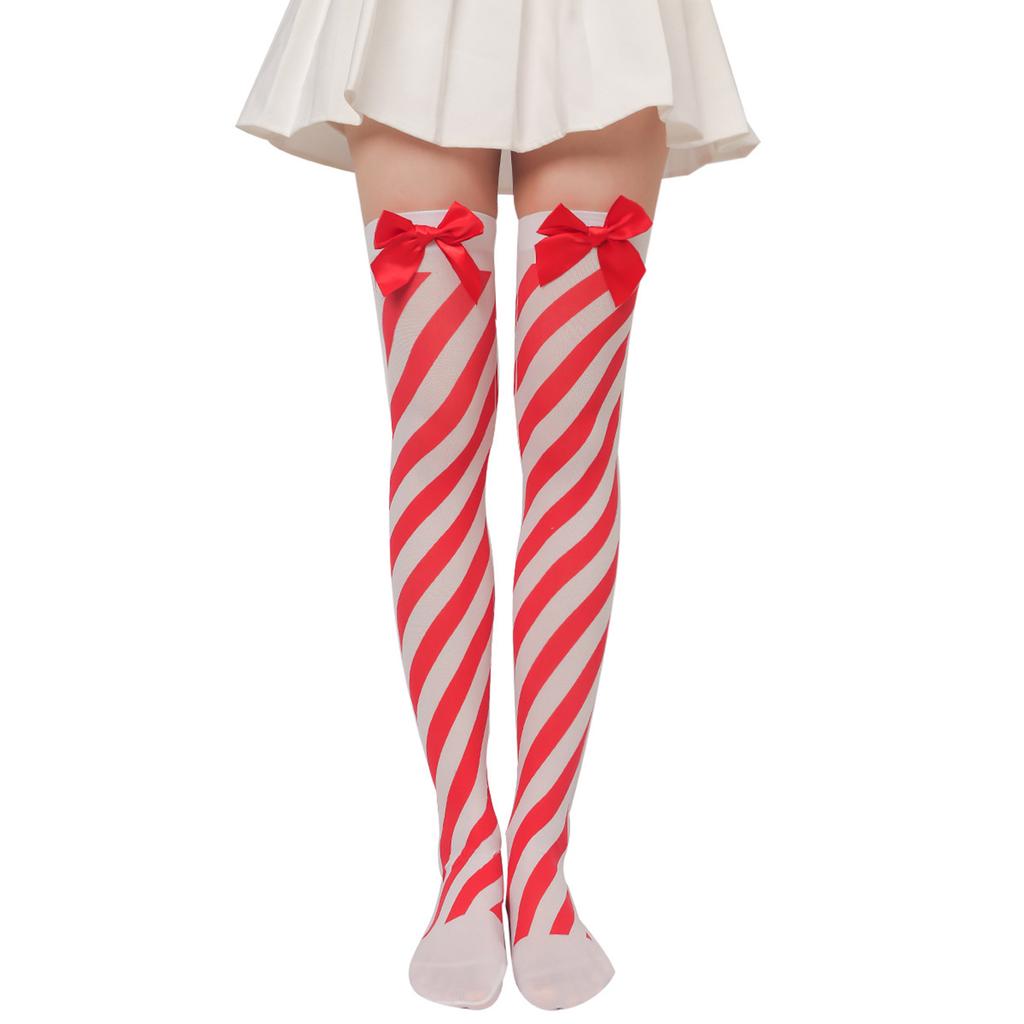Women Cartoon 3D Plush Toy Striped Over Knee Long Socks Bowknot Thigh High Stockings for Christmas Cosplay Costume