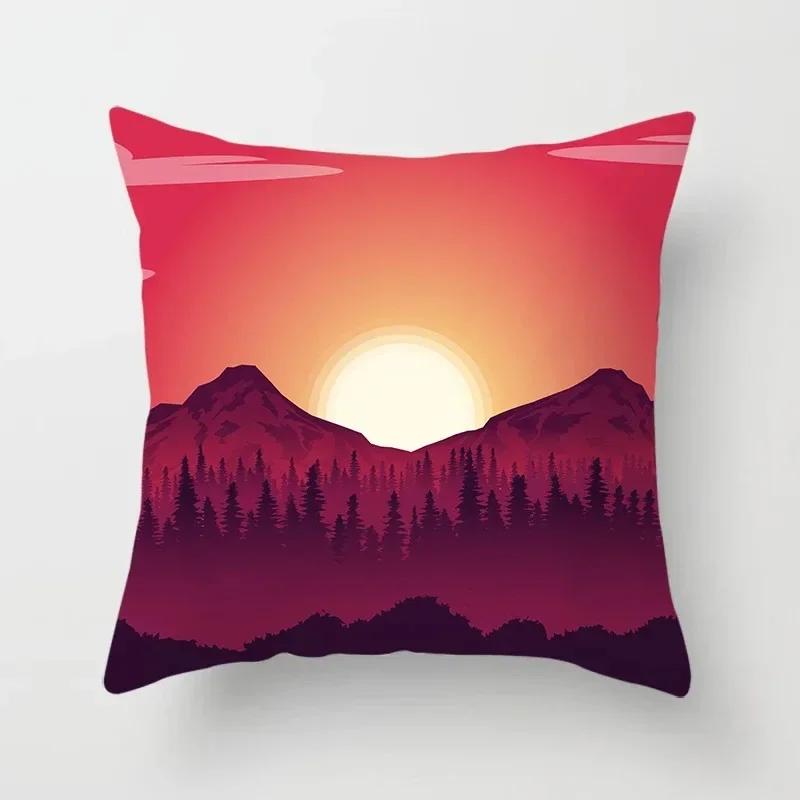 Luxury Home Decor Cushion Cover Cartoon Illustration Sunset Landscape Pattern Office Decor Pillow Cover