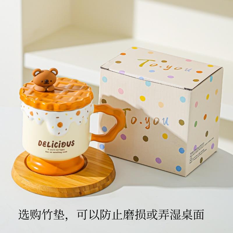 Tecknad Söt Björn Kakor Keramisk Mugg med Lock Högt Värde Kontors Vattenkopp Souvenirgåva Mugg