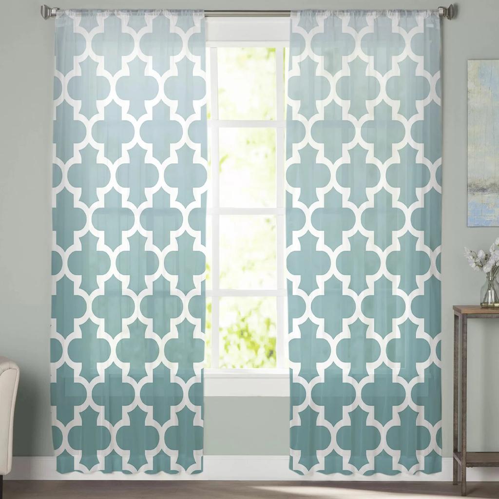 Turquoise Gradient Retro Tulle Curtains Living Room Kitchen Chiffon Curtain Bedroom Balcony Sheer Curtain Fashion Home Decor
