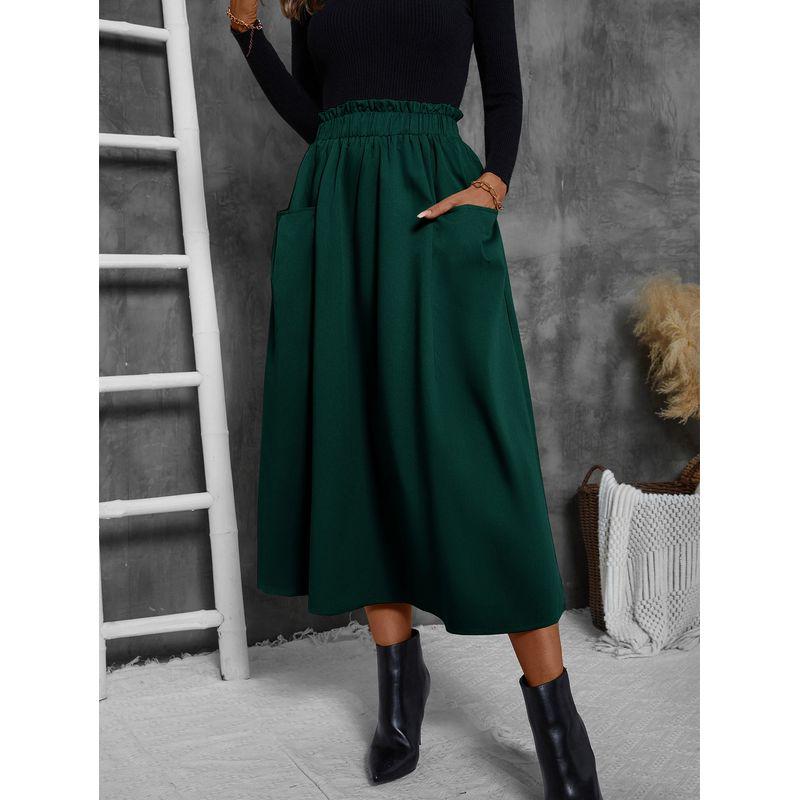 

Однотонная плиссированная юбка Юбка Однотонная Длинная юбка Мода А-силуэт Большой подол Юбка для платья Dark green L