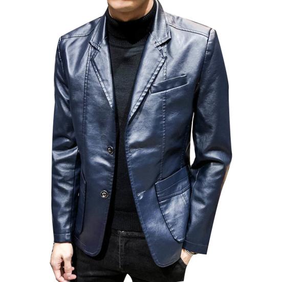 Autumn Winter Men Solid Color Faux Leather Suit Jacket Long Sleeve Lapel Blazer