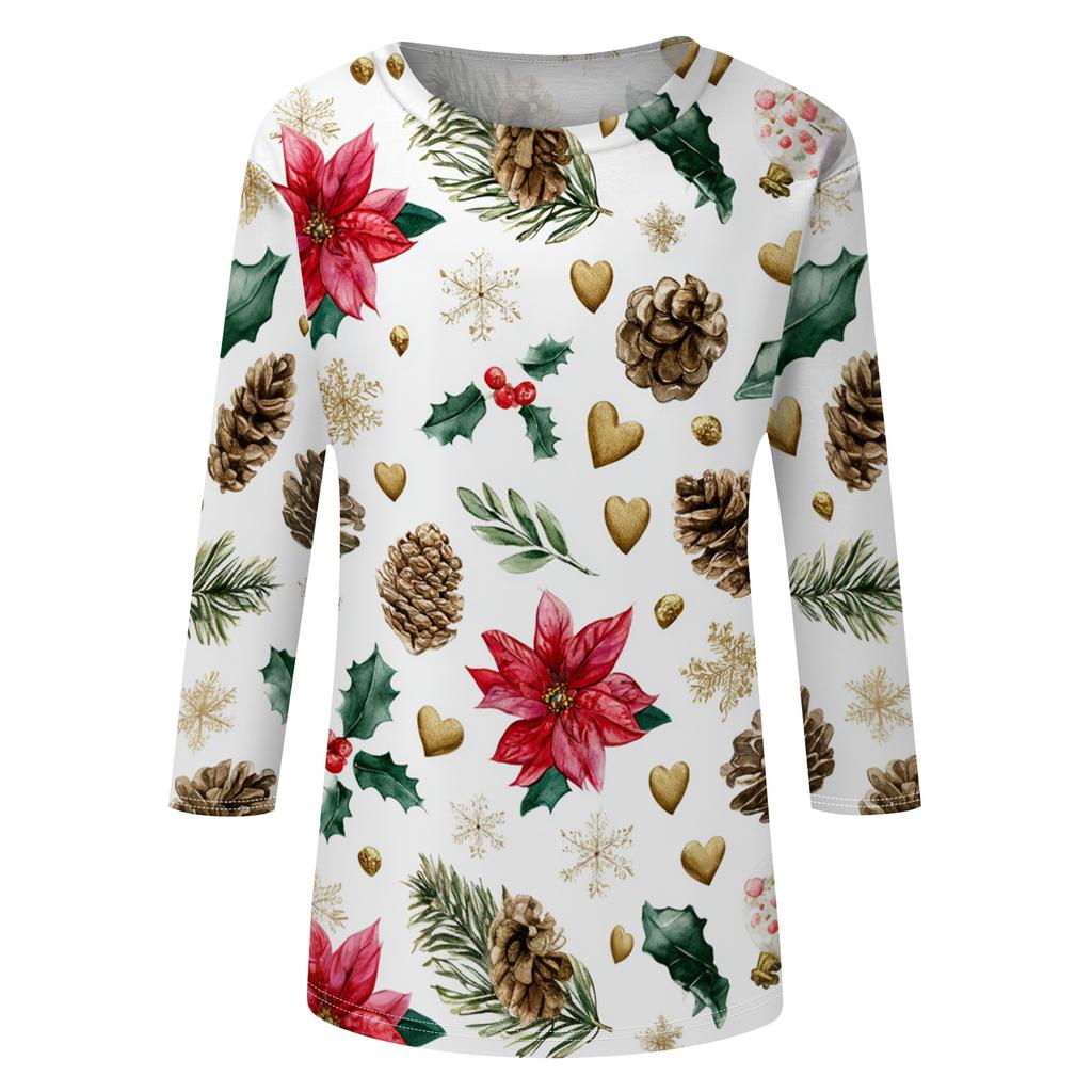 Women's Casual Christmas Print Three-Quarter Sleeve Neck Loose Fit Shirt