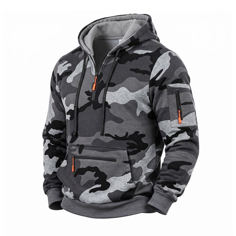 Men's Camouflage Half Zip Hoodie, Long Sleeve Drawstring Hooded Sweatshirt with Zipper Pockets, Casual Tactical Streetwear Pullover for Men