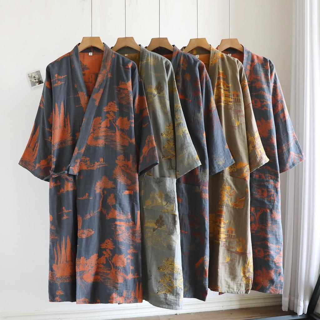 Men's Pure Cotton Jacquard Kimono Robe - Loose Fit, Plus Size, Ideal for Spring to Autumn Sleepwear and Sauna.