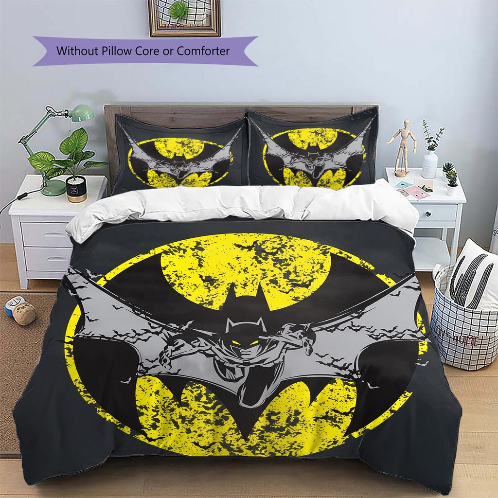 Batman Muster Bettwäsche Bettdecken-Set Heimdekoration Geschenk (1 Bettbezug + 2 Kissenbezüge (ohne Füllung))