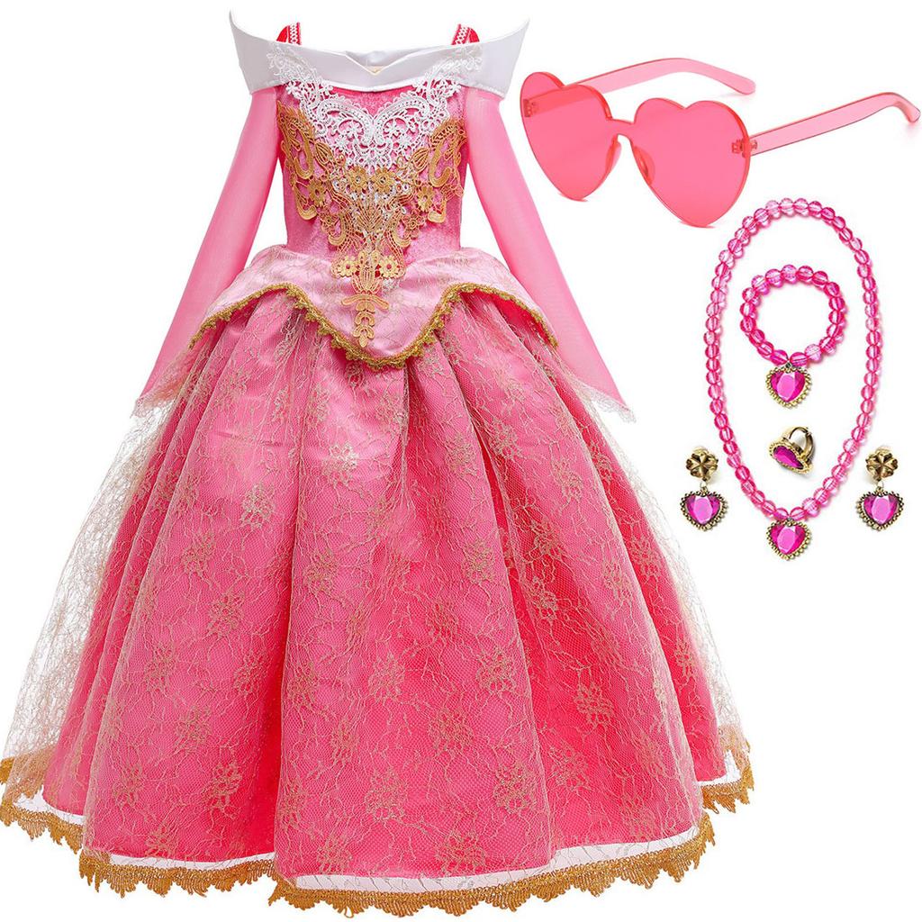 Dornröschen Aurora Prinzessinnenkleid Mädchen Cosplay Schulterfrei Kinder Geschenke Schickes Party Mädchen Baby Feines Spitzenkleid Set