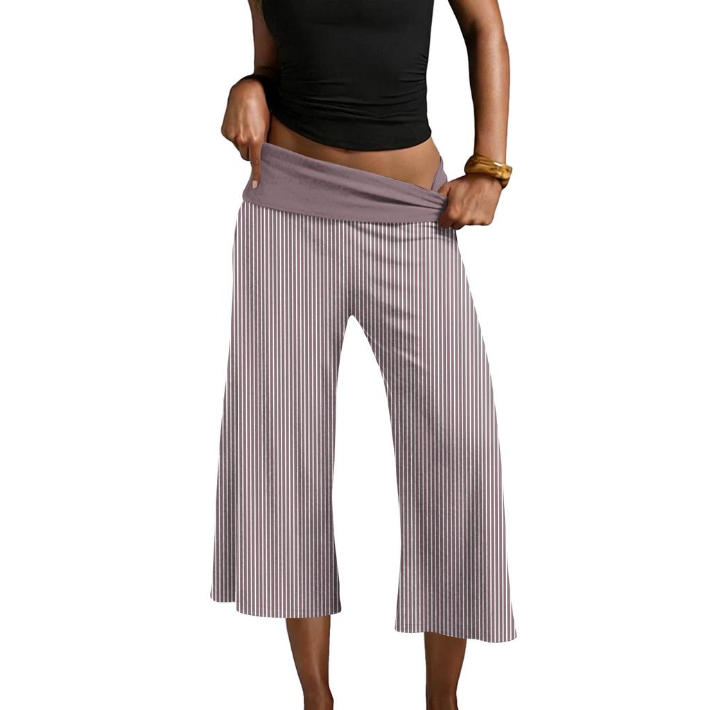 Women’s Striped Yoga Pants Loose Fit Wide Leg Cropped Trousers with Fold Over Waistband Comfortable Design for Daily Wear