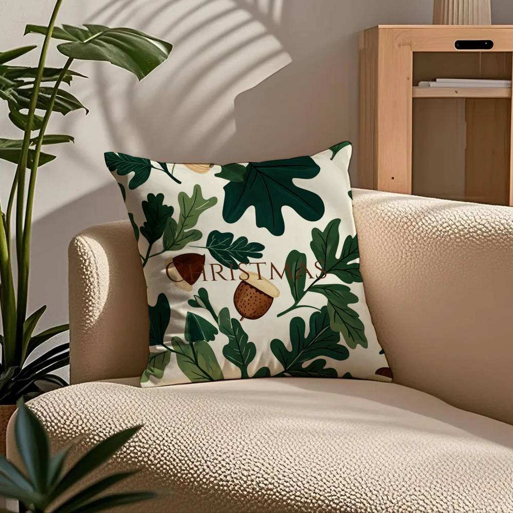 Winter Christmas Pine Leaf Pillow Case Comfort Sofa Bed Silky Elegant Invisible Zipper Custom Decorative Cushion Cover