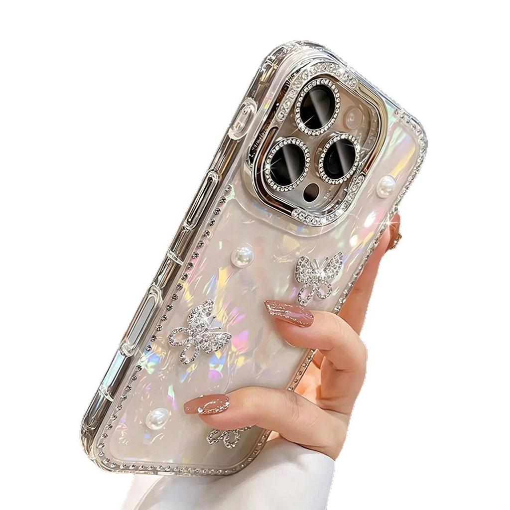 iPhone 17 Pro Diamond Shell Case with 3D Pearl Butterfly for Apple 15 Pro Max Super Fairy