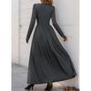 VEZFAA Women's Fashion Spring Fall Solid Color Print Long Sleeve V-Neck High Waist Casual Dresses