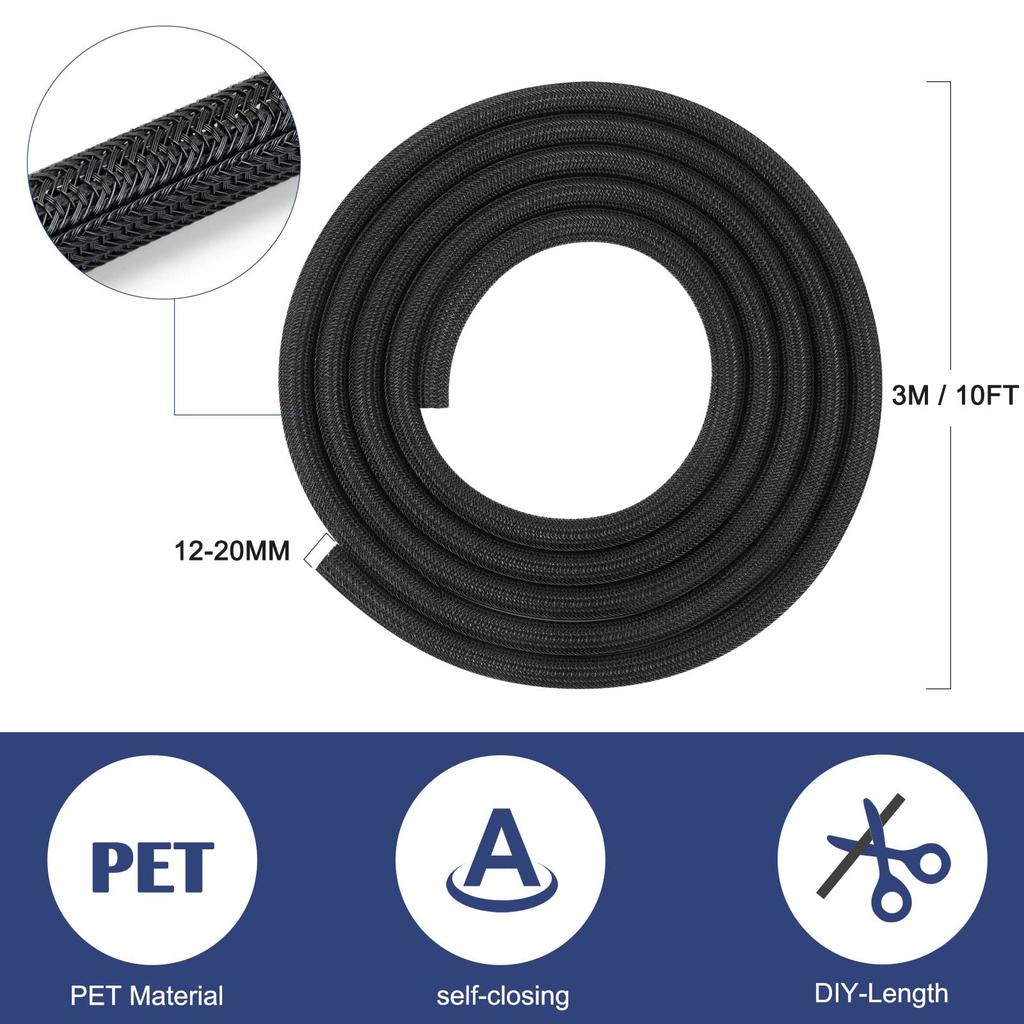 Hocerlu Cable Storage Sleeve, Cable Cover, Braided, Approx. 3m Length, 13mm Diameter, Black