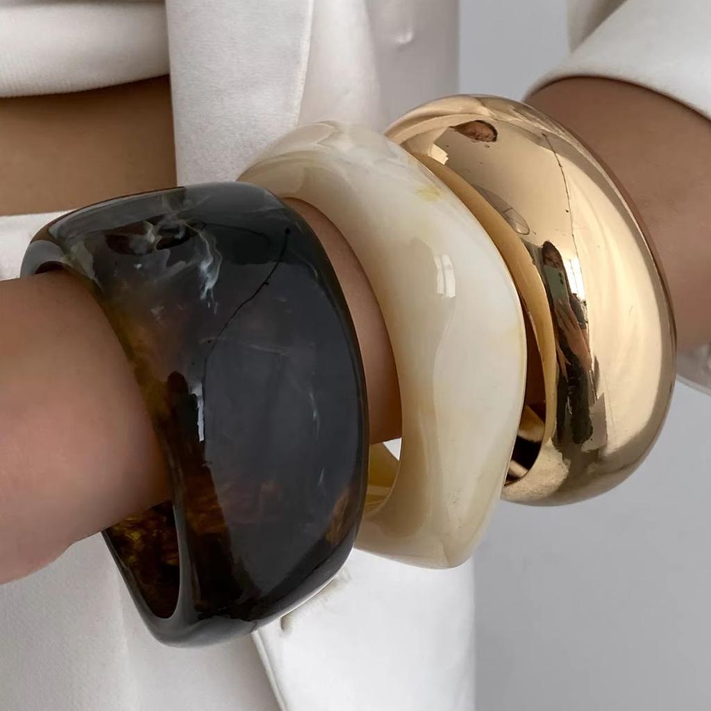 Ingemark 3 Styles Hip Hop Irregular Resin Stack Wide Bangles Women 2025 New Vintage Chunky Smooth Metal Bracelets Jewelry Gift