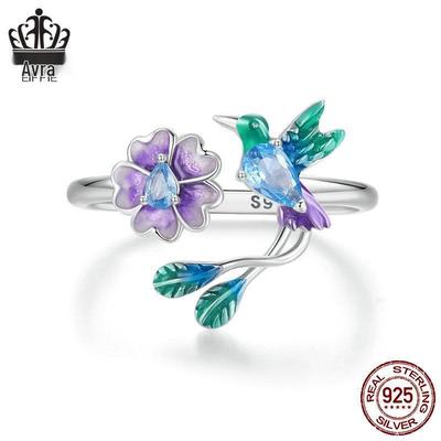 Anello aperto regolabile Avle Uccello e Fiore di Primavera - Argento Sterling S925 per Donna