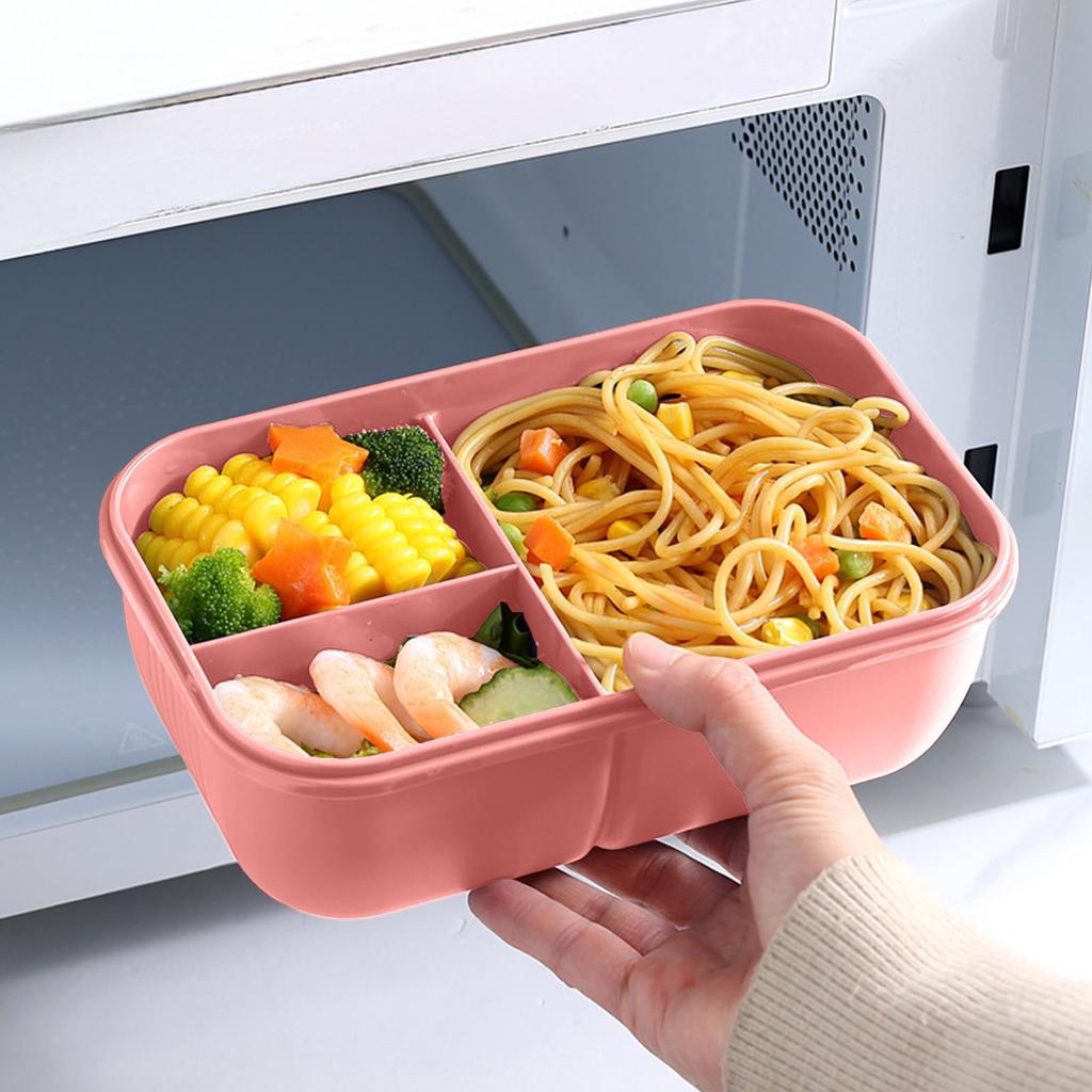 Microwaveable  Portable  Sealed and Insulated 3 Compartment Lunch Box with Fork and Spoon  Pink  Suitable for Students and Office Workers