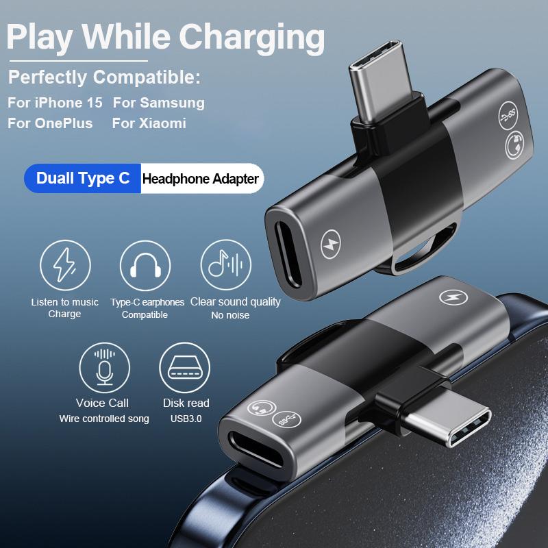 Xiaomi OTG Double USB Type C PD 15W Charger To Type C Jack AUX Audio Headphones Splitter Adapter for iPhone 15 Pro Max Samsung Xiaomi