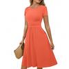 Women's Casual Fashion Round Neck Pleated Short Sleeve Solid Color A-Line Midi Dress