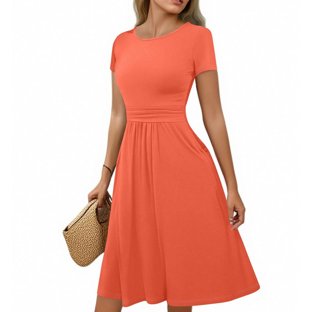 Women's Casual Fashion Round Neck Pleated Short Sleeve Solid Color A-Line Midi Dress