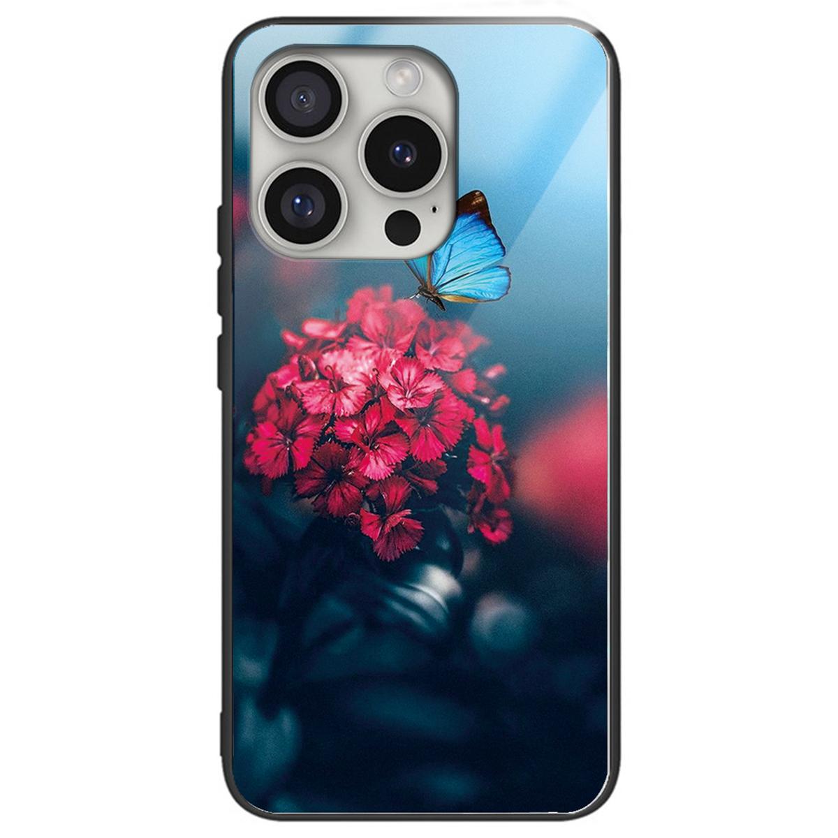 

For iPhone 16 Pro Cases Pattern Printed Anti-Drop Tempered Glass+TPU Phone Cover Flower/Butterfly
