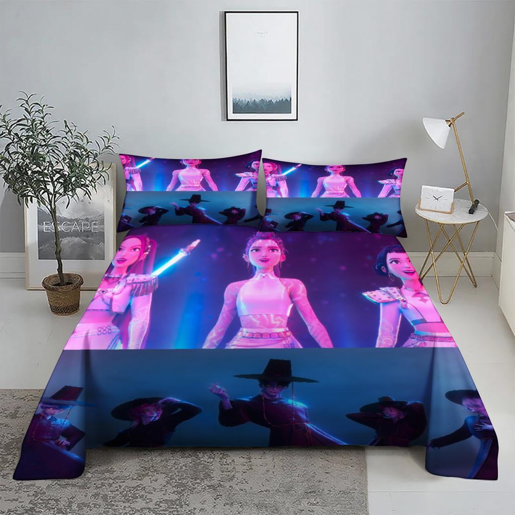 ZOEY RUMI ZIRA D-Demon Hunters K-pop Bed Sheet Set 3D Printed Bed Flat Sheet With Pillowcase Bed Linen King Queen Size