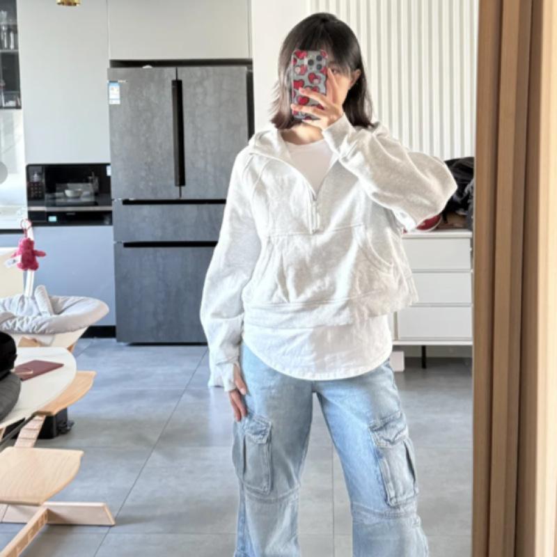 

Semi-zipper Short Sweatshirt for Women In Spring, Autumn and Winter New Polo Stand Collar Pullover Loose American Sports Top S