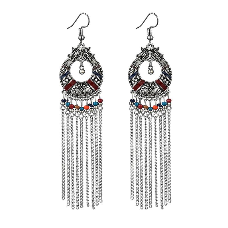 Ethnic Bohemian Long Earrings for Women Vintage Statement Chain Tassel Earrings Bead Handmade Drop Dangle Earring Enamel Zircon