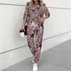 Women Floral Print Two Piece Outfit, Long Sleeve Crew Neck Top & Drawstring Jogger Pants Casual Tracksuit for Spring Autumn