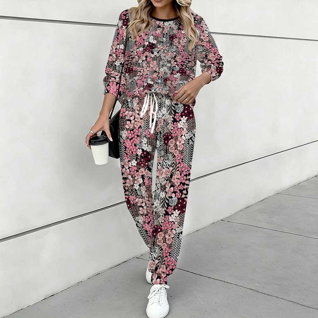 Women Floral Print Two Piece Outfit, Long Sleeve Crew Neck Top & Drawstring Jogger Pants Casual Tracksuit for Spring Autumn