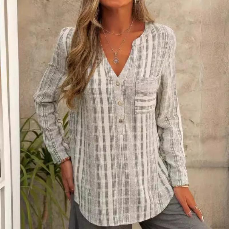 Women Shirts Fashion 2025 Spring Autumn Style Blouses Lady Casual Long Sleeve V-Neck Striped Printed Pockets Casual Loose Tops