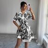 New, summer simple and fashionable waist printed strap short-sleeved dress women's clothing