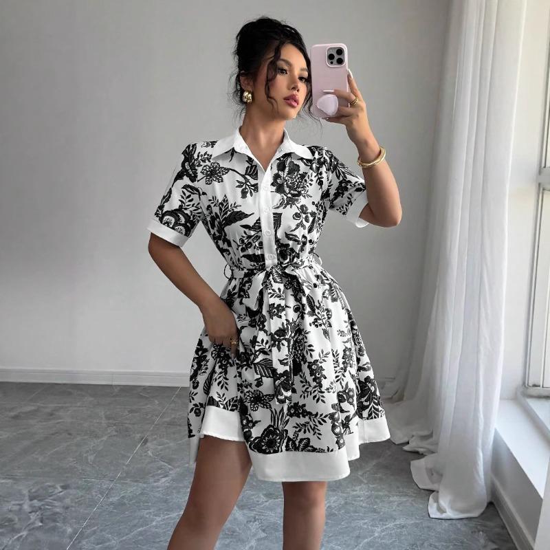 New, summer simple and fashionable waist printed strap short-sleeved dress women's clothing