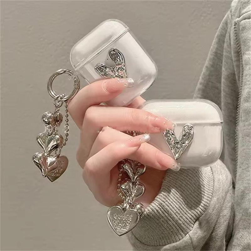Cute 3D Silver Love Heart Earphone Case For AirPods 4 Airpods Pro 2 3 With Beads Pendant Protective Shell Soft Cover