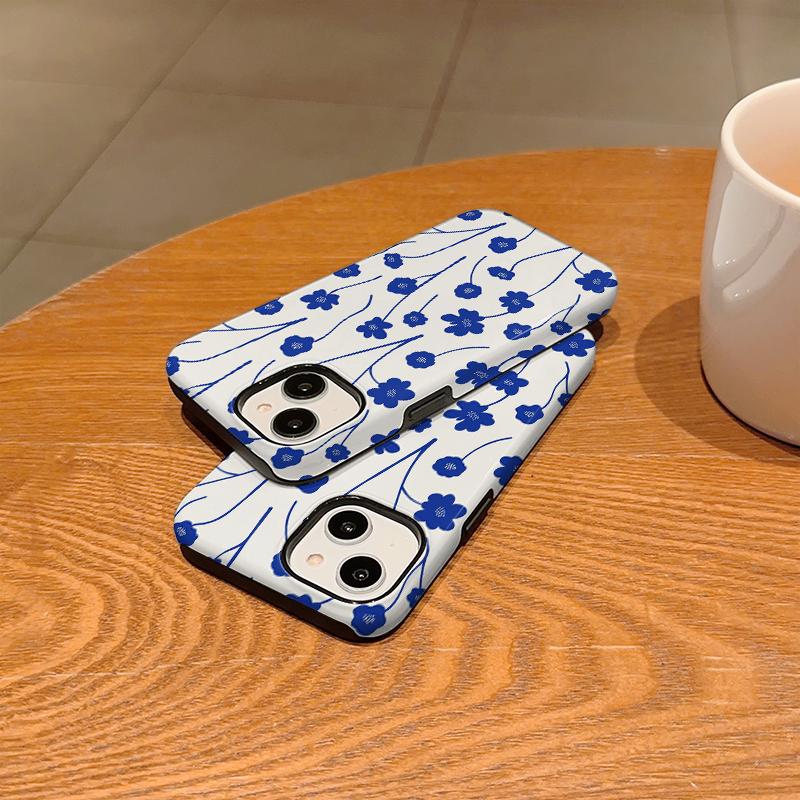 Clean Serene Indigo Blue Stem Floral Pattern Art Film Aesthetic Protective Shockproof Bumper Case Cover For iPhone 14 15 16 Pro Max Plus