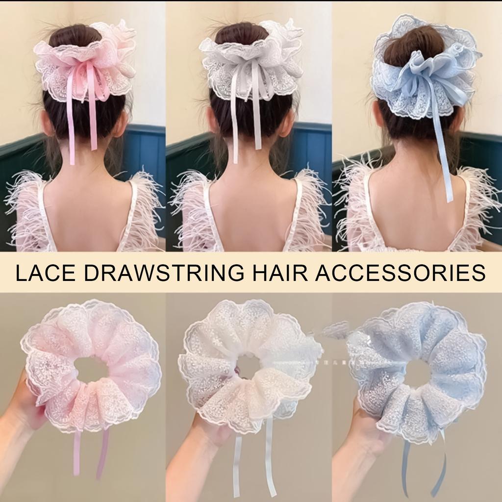 Lace Hair Ties Adjustable Bow Scrunchies with Drawstring for Women Girls Hair Accessories Party Matching