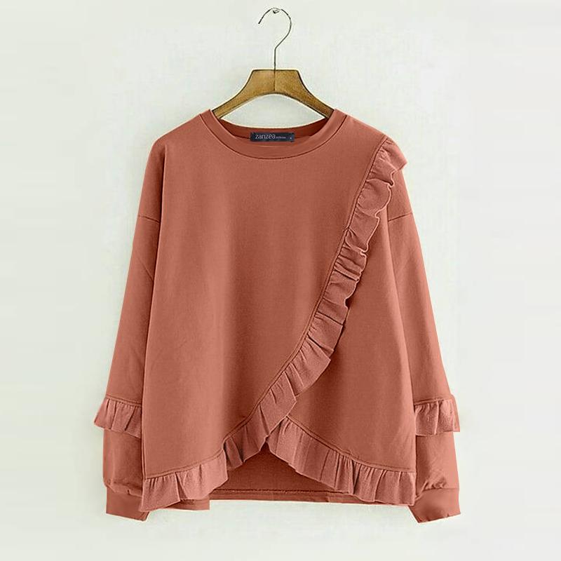 

ZANZEA Жіночі вінтажні світшоти з круглим вирізом і довгими рукавами з рюшами камея рожевий колір