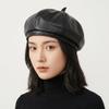 British Style Octagonal Hat Solid Color Painter Hat Retro PU Leather Beret  Streetwear
