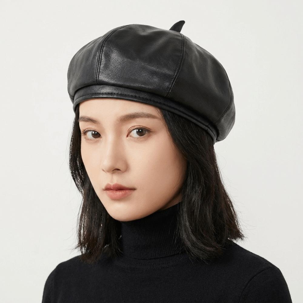 British Style Octagonal Hat Solid Color Painter Hat Retro PU Leather Beret  Streetwear